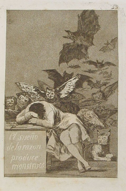 Rysunek przedstawia mężczyznę siedzącego przy biurku mężczyzna. To Francisco de Goya. Głowa malarza spoczywa na blacie mebla. Postać ma półdługie włosy. Głowę chowa w rękach. Mężczyzna jest ubrany w płaszcz i wąskie spodnie. Podudzia są skrzyżowane. Na blacie leży kartka oraz pióro. Nad głową mężczyzny unoszą się atakujące go sowy i nietoperze. Na boku biurka umieszczono napis:   El sueño de la razón produce monstruos.