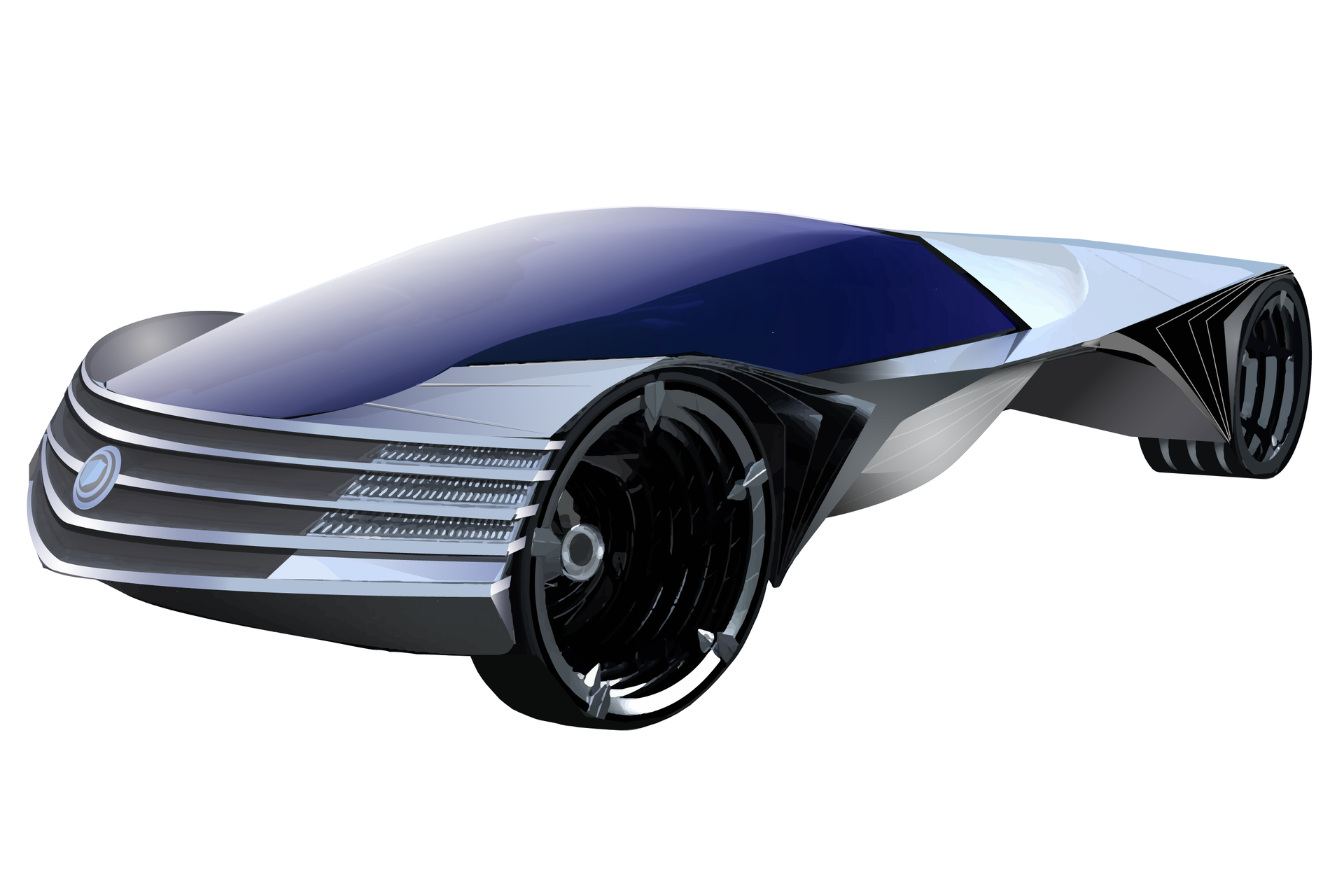 Grafika przedstawia wizualizację samochodu turbinowego na białym tle. Samochód jest srebrny z dużymi, czarnymi kołami i granatową szybą, która ciągnie się od maski aż do końca samochodu.