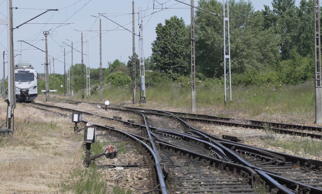 Zdjęcie przedstawia rozjazd szyny Widoczne są tu przecinające się ze sobą tory. Dwa tory są równoległe do siebie a trzeci ukośny przecina obydwa tory. Widoczne są iglice, czyli ruchome elementy znajdujące się w środku toru oraz opornice czyli szyny ruchome znajdujące się po zewnętrznej stronie. W tle widoczny jest pociąg poruszający się po torach.