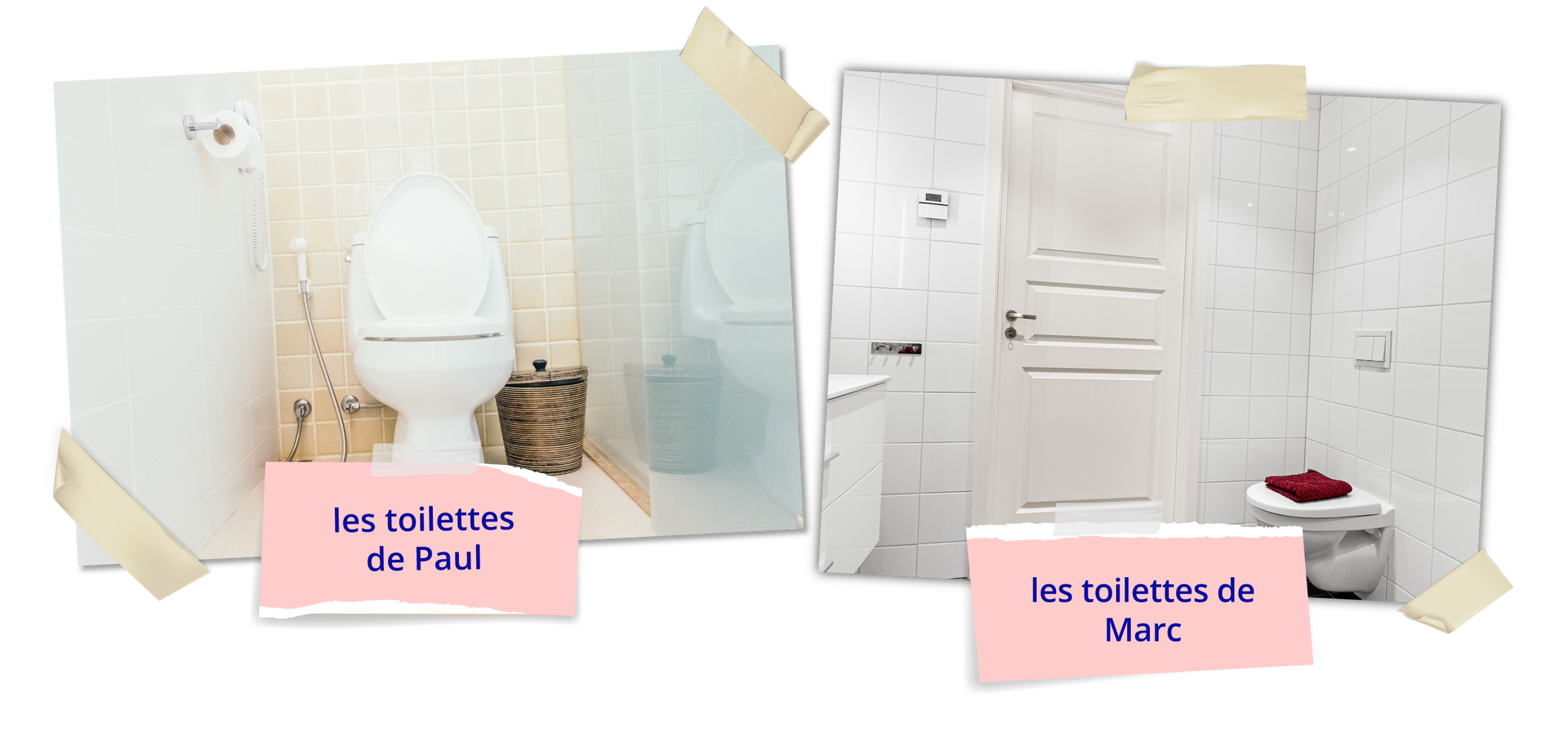 Zdjęcie przedstawia wnętrza dwóch toalet. Po lewej ściany pomieszczenia mają kolor biały. Na wprost obiektywu widać muszlę klozetową z podniesioną deską oraz wiklinowy kosz na śmieci i szczotkę klozetową. Za nią ściana z kremowych płytek. Fotografia podpisana jest les toilettes de Paul . Po prawej stronie znajduje się łazienka ze ścianami w białych płytkach i z białymi drzwiami. Po prawej widać fragment białej szafki, a po lewej muszlę klozetową z zamkniętą deską, na której leży złożony, czerwony ręcznik. Pod fotografią znajduje się napis: les toilettes de Marc.