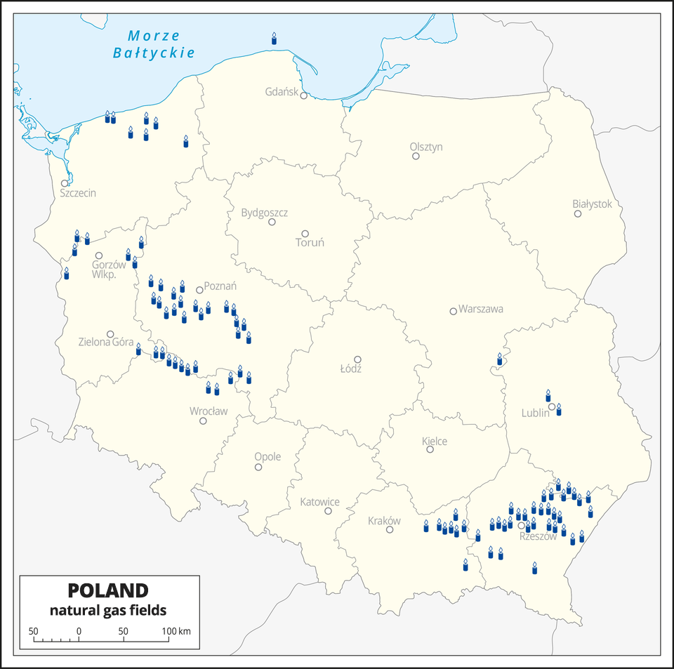 Mapa występowania pól gazu ziemnego - natural gas fields - w Polsce. Najwięcej: zachodnia część województwa wielkopolskiego, północny rejon województwa dolnośląskiego, rejon Gorzowa Wielkopolskiego, północna część województwa zachodnio-pomorskiego. Największe zagęszczenie pól występuje w województwie podkarpackim na północ od Rzeszowa. Nieliczne w rejonie Lublina.  