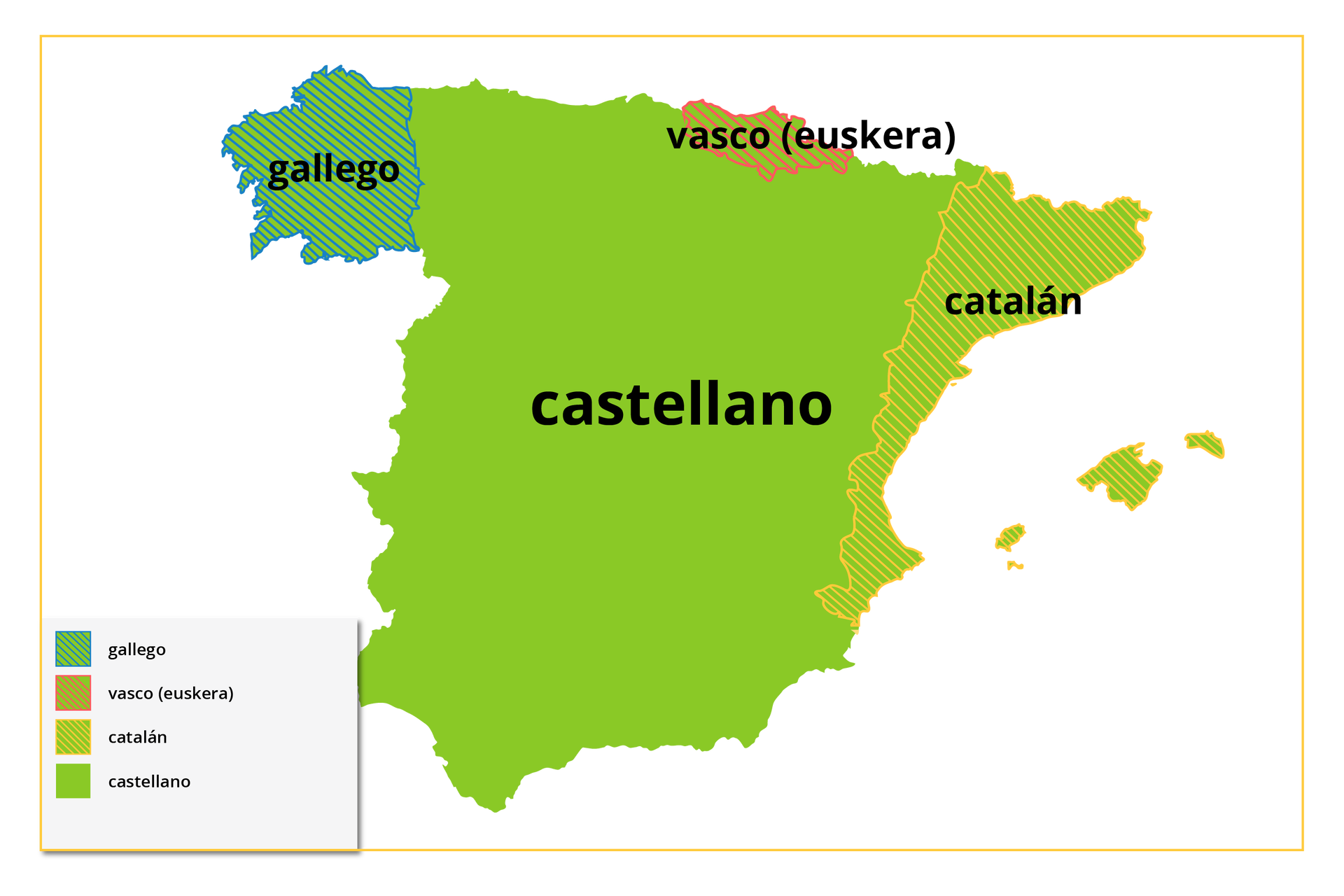 Na obrazku widoczny jest zarys mapy Hiszpanii. W lewym dolnym rogu mapy znajduje się legenda: niebieskie linie na kolorze zielonym -  gallego; czerwone linie na kolorze zielonym -  vasco (euskera); żółte linie na kolorze zielonym -  catalán; kolor zielony -  castellano.
Cała mapa jest w kolorze zielonym, a na środku widnieje napis  castellano. Region Galicji oznaczony jest dodatkowo niebieskimi liniami i widnieje na nim napis  gallego. Kraj Basków oznaczony jest czerwonymi liniami i widnieje na nim napis  vasco (euskera). Katalonia, Walencja i Baleary oznaczone są żółtymi liniami i widnieje na nich napis  catalán. 