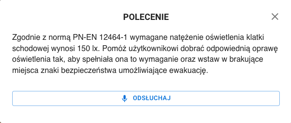 Widok okna z poleceniem symulatora. Użytkownik ma możliwość je również odsłuchać.