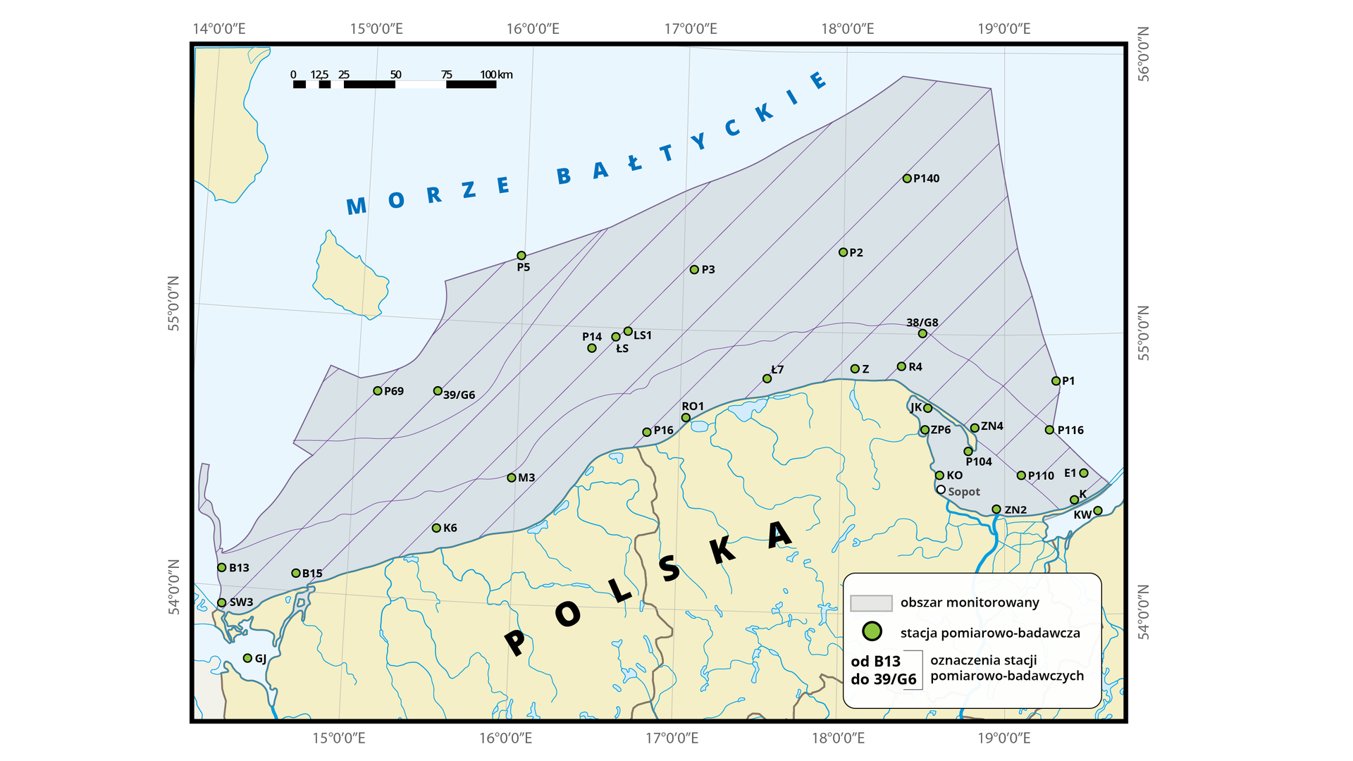 Na mapie polskiego wybrzeża zaznaczono lokalizację aktualnych stacji pomiarowo-badawczych monitoringu jakości wód Bałtyku HELCOM COMBINE. To 33 stacje znajdujące się w pasie Bałtyku po Bornholm i na wschód od Bornholmu, gdzie obszar monitoringu wysuwa się bardziej na północ, po czym opada na wysokości Zatoki Gdańskiej. 