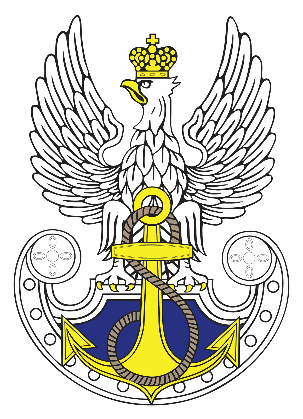 Kliknij żeby powiększyć Ilustracja przedstawia symbol Marynarki Wojennej nawiązujący do godła Polski. Biały orzeł ze skrzydłami wzniesionymi ku górze. Głowa z żółtym dziobem skierowana w prawo. Na głowie złota korona. Na szczycie korony krzyż równoramienny. Szpony orła zakończone żółtymi pazurami przytrzymują tarczę. Orzeł osadzony jest na tarczy amazonek. Tarcza zakończona półkoliście w dolnej części. Kształt tarczy tworzy formę półksiężyca ułożonego poziomo. Końce tarczy zaokrąglone. Wnętrze tarczy granatowe. Na powierzchni tarczy pionowo ustawiona żółta kotwica. Przez okrągły uchwyt w górnej części kotwicy przewleczona jest gruba lina. Lina zakręca się wokół kotwicy w dolnej części.