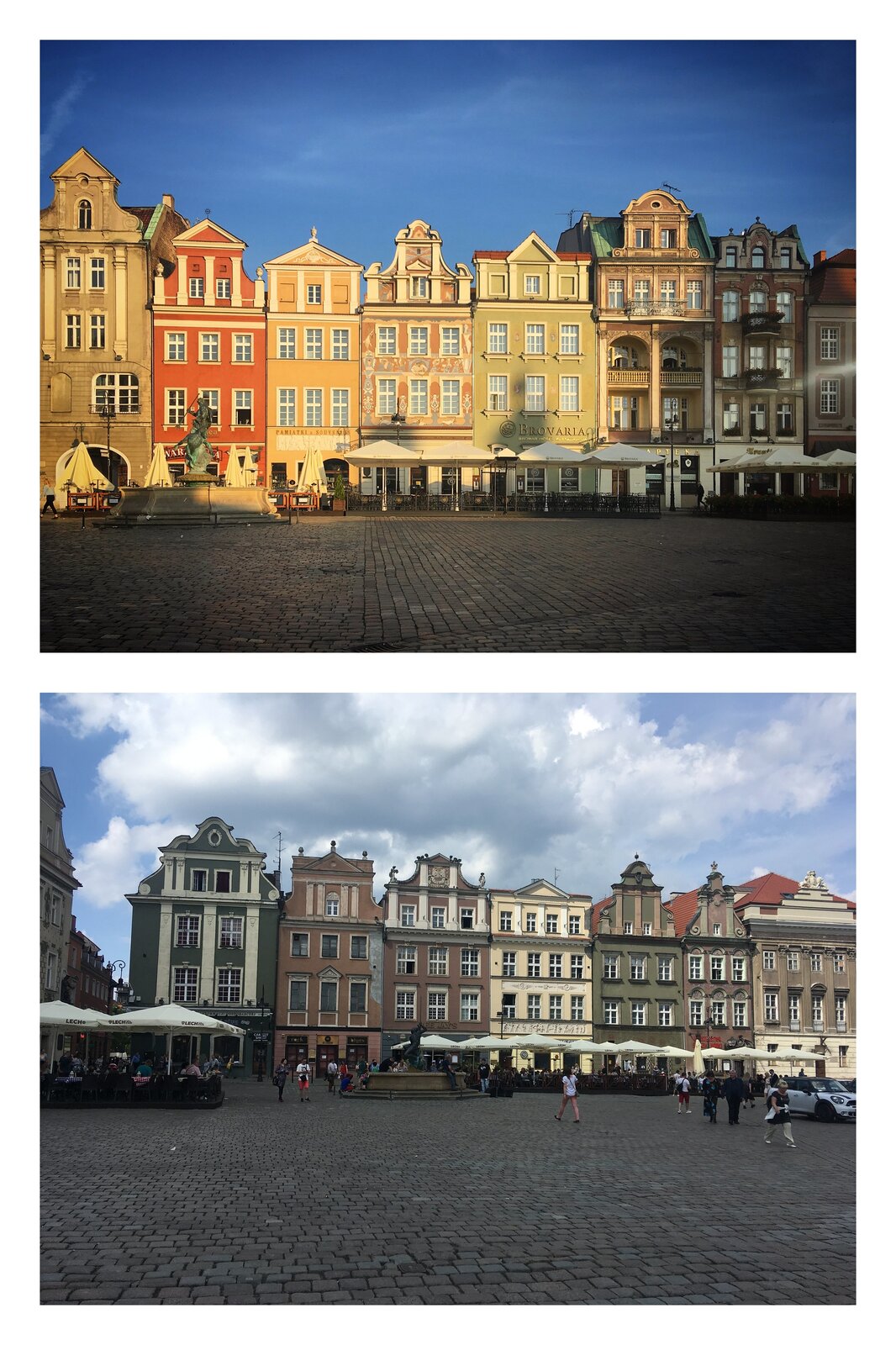 Ilustracja przedstawia Stary Rynek w Poznaniu na dwóch zdjęciach. Górne zdjęcie przedstawia rynek oświetlony przez słońce. Niebo jest bezchmurne. Na pierwszym planie widać fragment placu, a na drugim fontannę, ogródki restauracyjne i rząd kolorowych kamienic. Na drugim zdjęciu niebo jest zachmurzone, a rynek zaciemniony. Ukazuje ono rynek z innej perspektywy, widać tę samą fontannę oraz rząd innych kolorowych kamienic wraz z ogródkami restauracyjnymi.