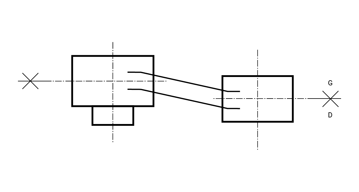 Na ilustracji przedstawiona jest powierzchnia podziału dla surowego odlewu. Odlew ma kształt dwóch prostokątów, umieszczonych w niewielkiej odległości obok siebie. Połączone są ze sobą dwoma prostymi. Po obu stronach znajdują się grube kreski, na których znajdują się krzyżyki oznaczające powierzchni podziału.  Po prawej stronie nad kreską znajduje się duża litera G, natomiast pod kreską duża litera D.