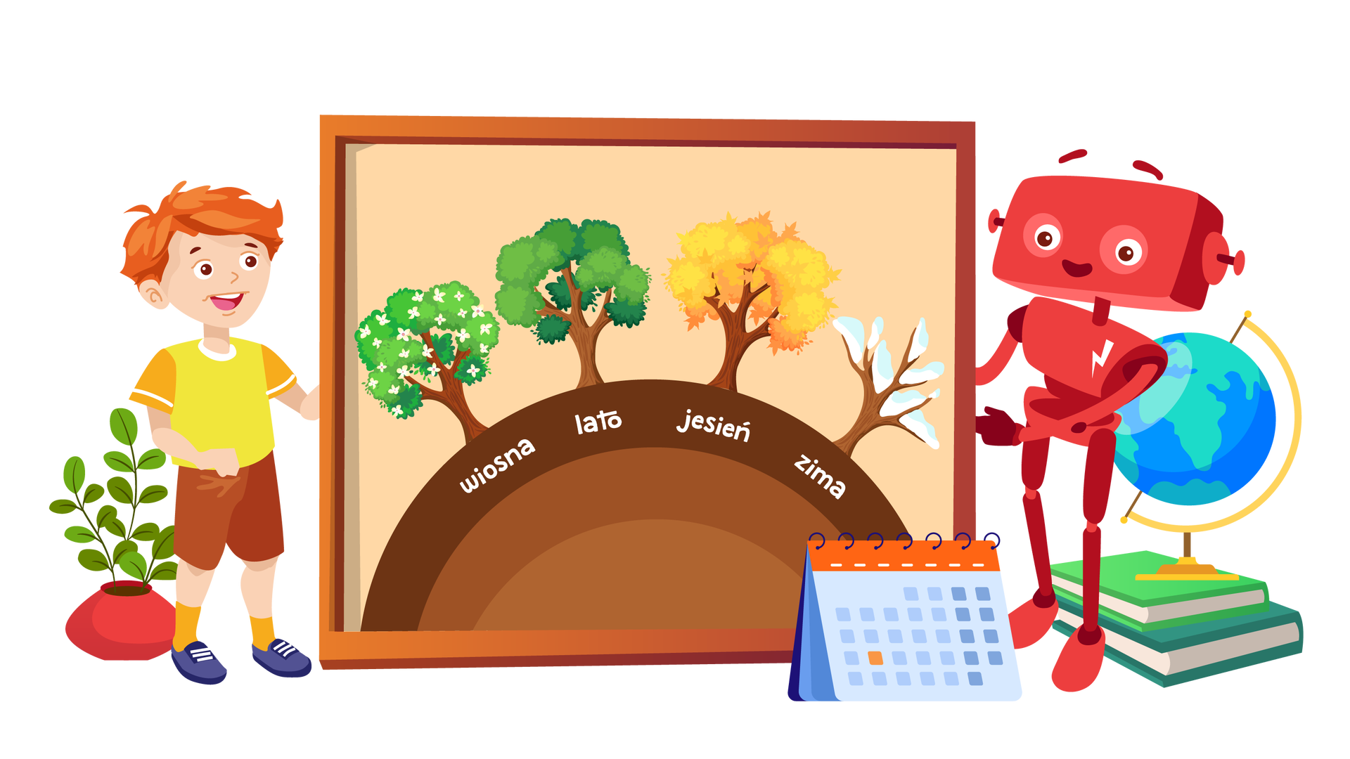 Ilustracja przedstawia dużą tablicę w brązowej ramie. Na środku jest to samo drzewo liściaste w czterech odsłonach, podczas czterech pór roku. Na pierwszym drzewie od lewej strony rosną białe kwiatki. Podpis poniżej brzmi: „wiosna”. Drugie drzewo ma zielone liście. Podpis brzmi: „lato”. Trzecie drzewo ma żółto‑pomarańczowe liście. Podpis brzmi: „jesień”. Czwarte drzewo jest pozbawione liści, a jego gałęzie są pokryte śniegiem. Podpis brzmi: „zima”. Po lewej stronie stoi Franek, który przytrzymuje tablicę lewą ręką i szeroko się uśmiecha. Za chłopcem jest ustawiona na podłodze zielona roślina w pękatej czerwonej donicy. Po prawej stronie stoi Zgrzytek, który przytrzymuje tablicę prawą ręką i również się uśmiecha. Obok robota znajduje się na podłodze czerwono‑niebieski kalendarz biurkowy. Za Zgrzytkiem są dwie książki ułożone jedna na drugiej. Pierwsza ma zieloną okładkę, a druga ciemnozieloną. Na książkach stoi globus na złotej podstawie. Lądy zaznaczono na nim na zielono, a wody na niebiesko.