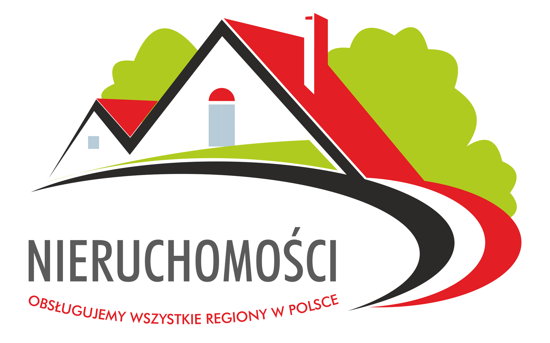 Ilustracja przedstawia logotyp firmy zajmującej się nieruchomościami. Na logotypie znajduje się grafika przedstawiająca dwa dachy domów, za którymi znajdują się drzewa. Dachy mają kolor czerwony, a w ścianach szczytowych znajdują się okna. Linie tworzące dachy przechodzą w półkola w kolorach czerwonym i czarnym, pod którymi znajduje się napis: Nieruchomości. Obsługujemy wszystkie regiony w Polsce.