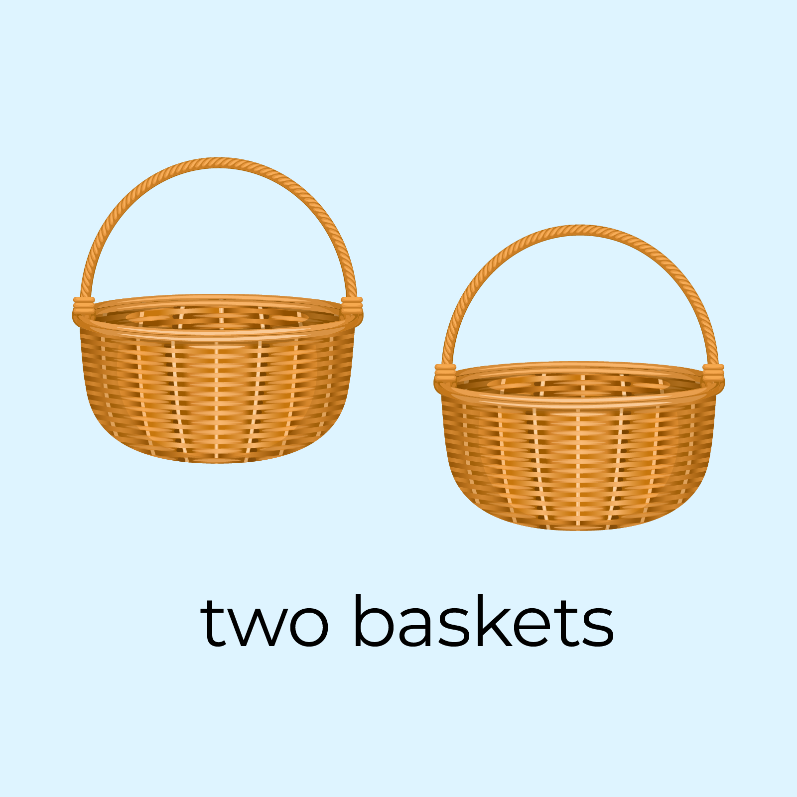 Ilustracja przedstawia dwa wiklinowe koszyki, ustawione jeden obok drugiego. Pod koszykami znajduje się tekst two baskets.