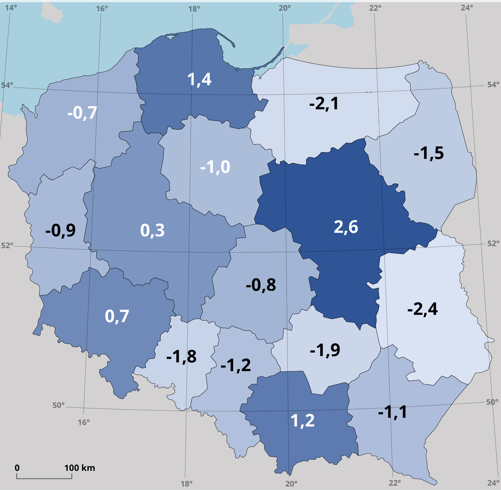 Kartogram Polski prezentujący wartość salda migracji w województwach w latach 2010‑2021 w promilach. Kartogram jest w odcieniach niebieskiego. Dla każdego województwa wartość współczynnika zapisano w jego granicach. Wartości dla poszczególnych województw: dolnośląskie,0,7; kujawsko‑pomorskie -1,0; lubelskie, -2,4; lubuskie, -0,9; łódzkie, -0,8; małopolskie, 1,2; mazowieckie, 2,6; opolskie, -1,8; podkarpackie, -1,1; podlaskie, -1,5; pomorskie, 1,4; śląskie, -1,2; świętokrzyskie, -1,9; warmińsko‑mazurskie, -2,1; wielkopolskie, -0,9; zachodniopomorskie, -0,7. Na kartogramie znajduje się siatka kartograficzna na której opisano wartość południków i równoleżników co 2 stopnie. W lewym dolnym rogu mapy znajduje się podziałka liniowa.