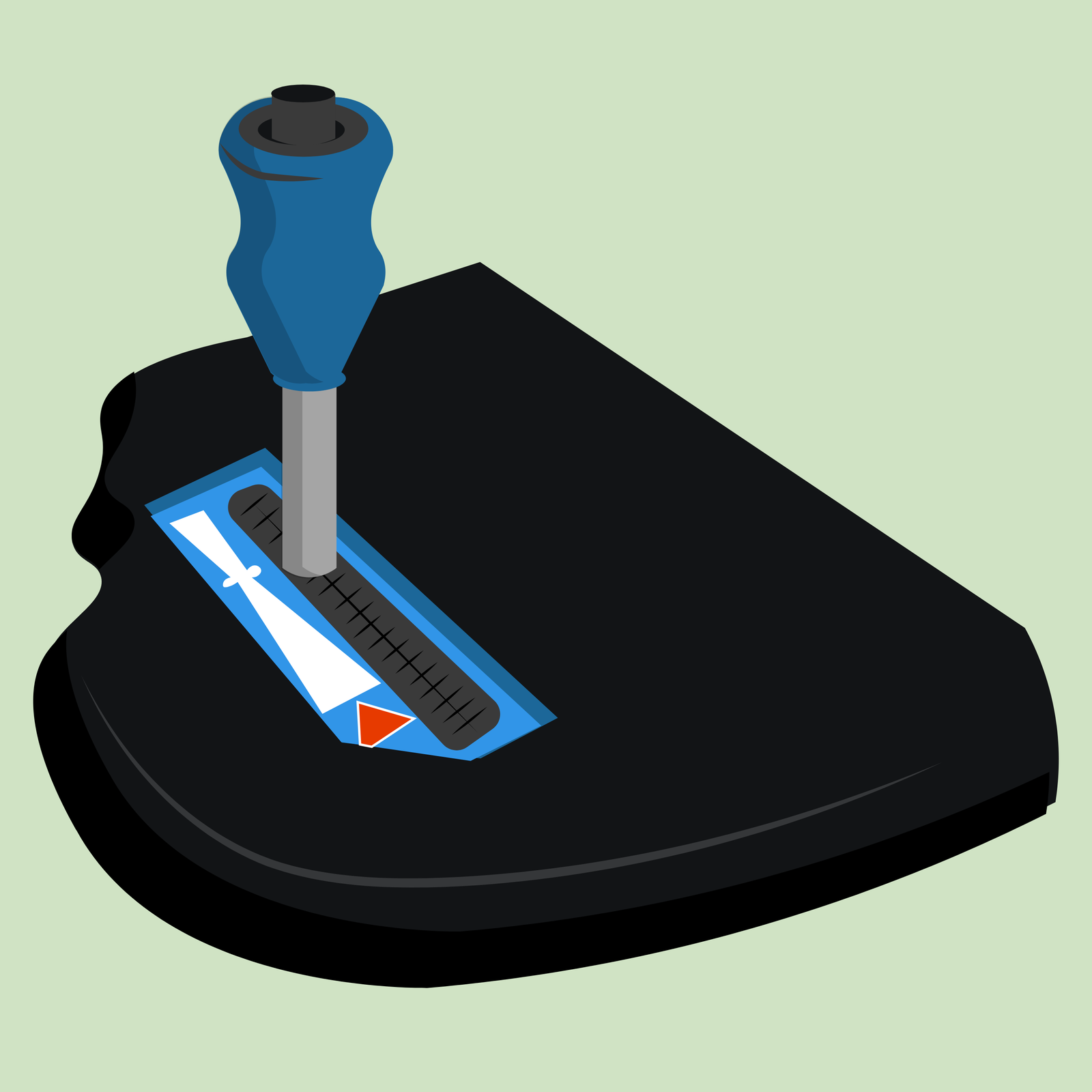 Ilustracja przedstawia nastawnik jazdy. Ma on postać drążka, który może przesuwać się w jednej linii w przód lub w tył. Obok drążka znajduje się wskaźnik kierunku i prędkości jazdy w zależności od jego ustawienia. Ma kształt wysokiej i wąskiej klepsydry, która jest szersza na dole. Pod klepsydrą znajduje się duży czerwony trójkąt zwrócony wierzchołkiem do góry.