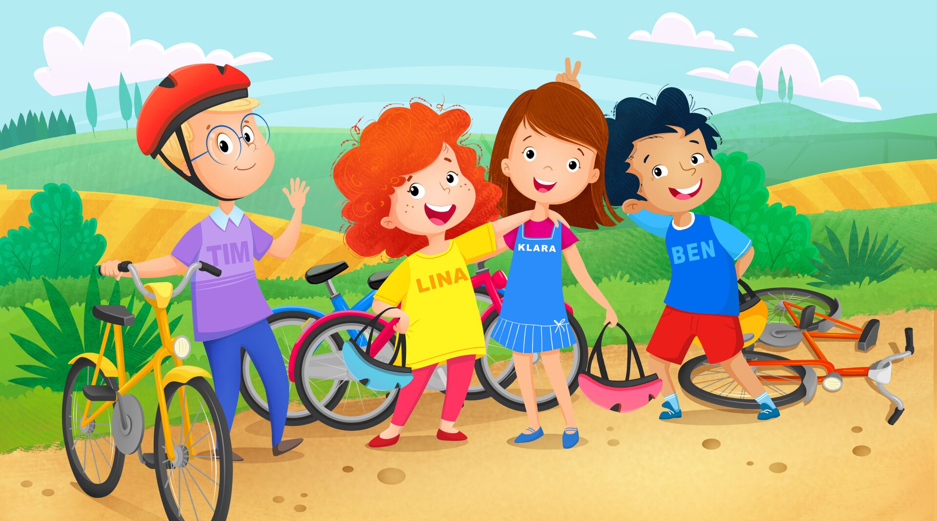 Na ilustracji znajduje się czworo dzieci. Dwóch chłopców i dwie dziewczynki.