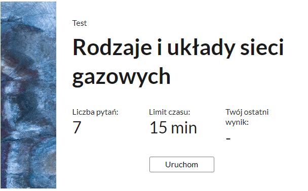 Grafika przedstawia przykładowy ekran początkowy testu. Widoczny jest tytuł testu, liczba pytań, limit czasu, twój ostatni wynik oraz przycisk uruchom.