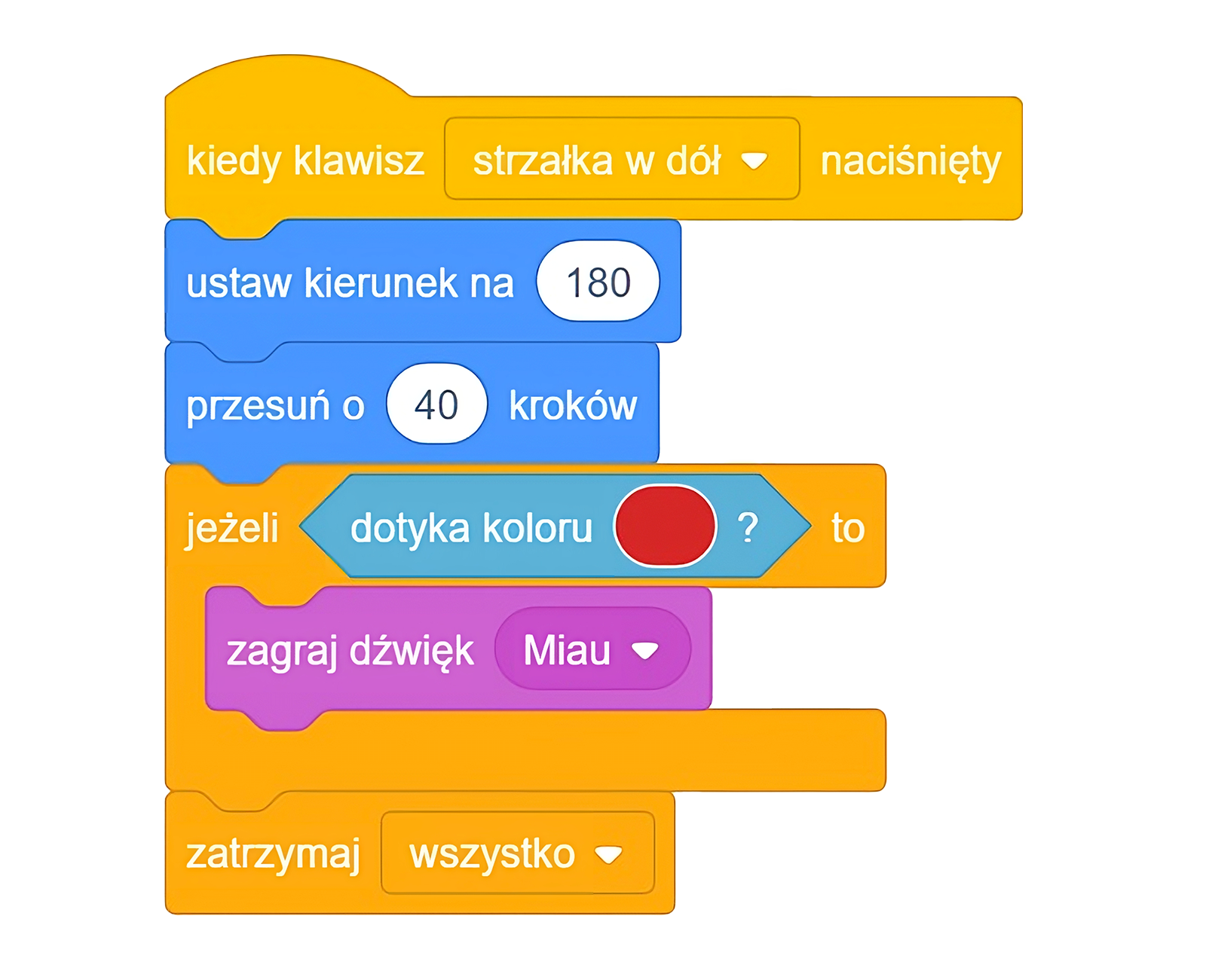 Na ilustracji widoczny jest skrypt. Pierwszy bloczek z napisem „kiedy klawisz ... naciśnięty" z polem wyboru ustawionym na strzałka w dół. Poniżej znajduje się kolejny bloczek „ustaw kierunek na 180”. Niżej jest bloczek „przesuń o 40 kroków”. Przedostatni bloczek to "jeżeli ... to"  z bloczkiem "dotyka koloru" i ustawioną wartością na kolor czerwony. Ten z kolei ma bloczek "zagraj dźwięk" z polem wyboru ustawionym na "Miau" jako wartość w środku. Na sam koniec dołączone jest polecenie "zatrzymaj wszystko".