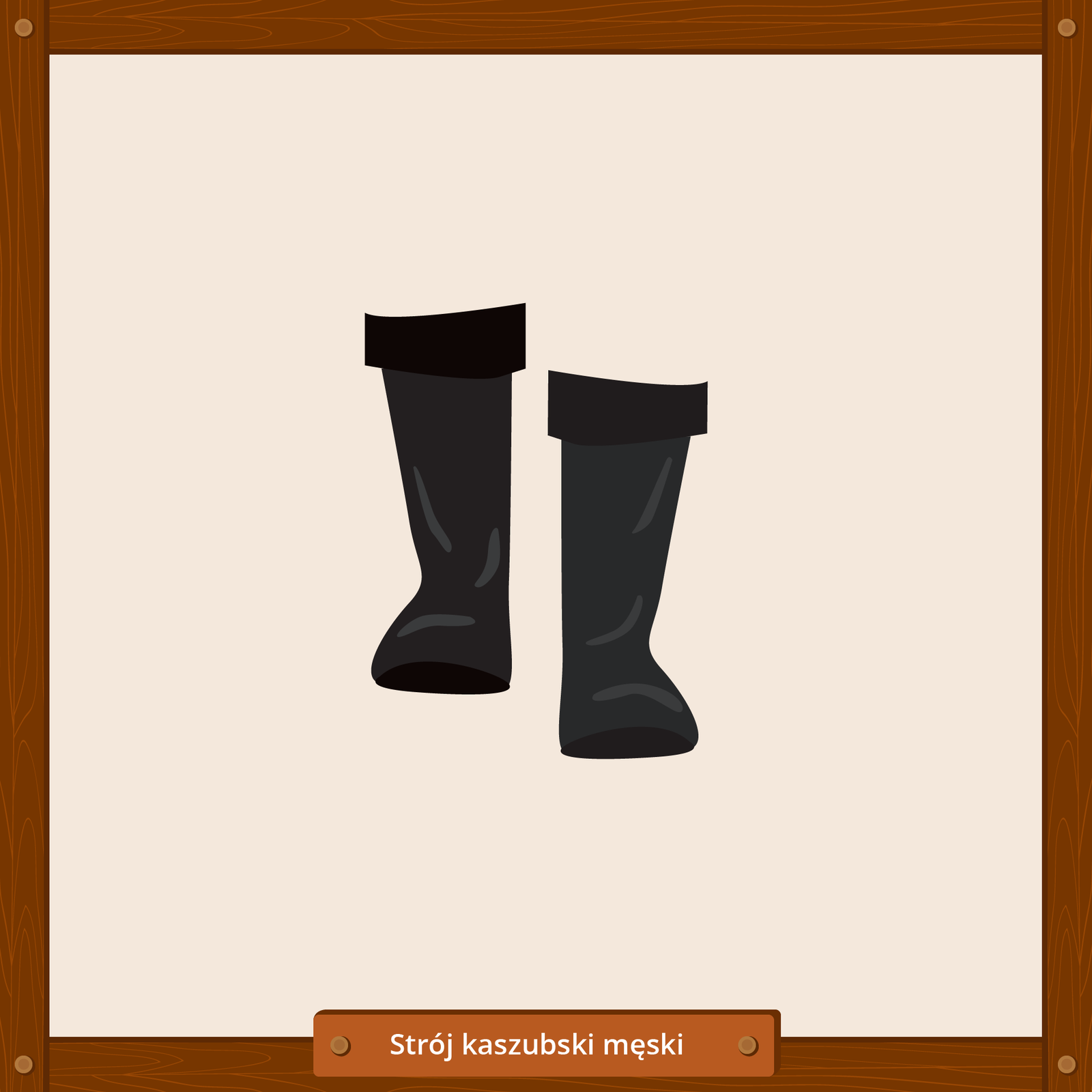 Ilustracja przedstawia element stroju kaszubskiego męskiego, jakim są wysokie czarne buty.