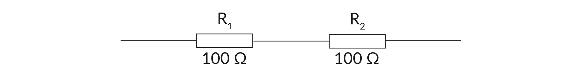 Na rysunku przedstawiono szeregowe rozmieszczenie rezystorów. W jednej linii, w niewielkiej odległości narysowano dwa rezystory w kształcie prostokątów. Są umieszczone jeden obok drugiego. Pierwszy z nich opisano jako R1 z wartością 100 omów, drugi jako R2 z wartością 100 omów.