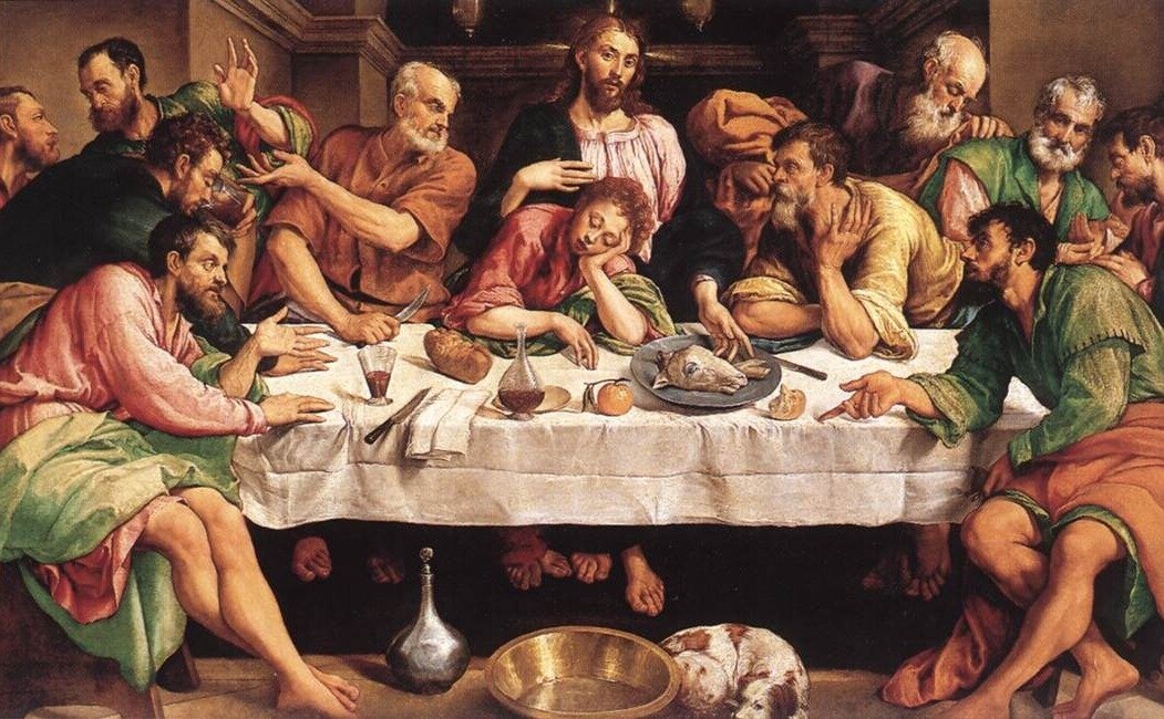 Obraz przedstawia ostatnią wieczerzę. W centralnym miejscu obrazu znajduje się stół. Jeden z biesiadników, młodzieniec, zasnął, głowę wspiera na lewej dłoni. Za nim siedzi Jezus Chrystus ze świetlistym krzyżem na głowie. Prawą swą dłoń trzyma na sercu, tuż przy głowie młodzieńca, a lewą pokazuje misę z odciętą głową baranka paschalnego. Jezus i młodzieniec znajdują się w środkowej części obrazu za stołem. Karafka z winem stoi na stole przed młodzieńcem. Po lewej i po prawej stronie młodzieńca i Jezusa znajdują się inni mężczyźni – rozmawiają, gestykulują. Przed stołem stoi misa, obok niej śpi łaciaty pies. 