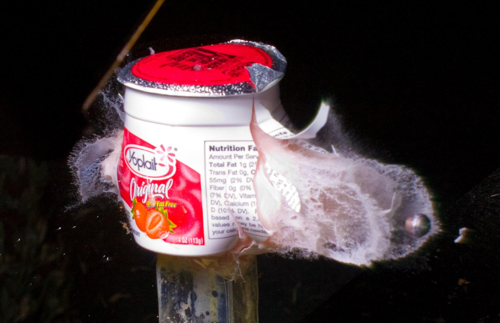 Zdjęcie przedstawia scenę przebijania kubka z jogurtem przez pocisk, poruszający się z dużą prędkością. Na czarnym tle widać kubek z kolorowymi napisami zniszczony (pęknięty) po obu stronach, przy pęknięciach kubka widać białe plamy rozpryskującego się jogurtu. W pobliżu prawej krawędzi kadru znajduje się zamrożony w locie na zdjęciu pocisk. Kubek stoi na niewielkim słupku, pocisk przechodzi przez niego pod kątem około czterdziestu pięciu stopni w stosunku do położenia aparatu. Zawartość kubka wytryskuje przez otwory wylotowy i wlotowy, ale pozostałe części plastikowego pojemnika wydają się nienaruszone. 