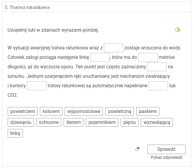 Zdjęcie przedstawia otwartą zakładkę z przykładowym zadaniem. Pod nazwą zakładki znajduje się polecenie. Pod poleceniem widać treść zadania z odpowiedziami do wyboru. Po prawej stronie polecenia widać żółty sześciokąt. Poniżej zadania, po prawej stronie panelu znajduje się ikona sprawdź. Po jej lewej stronie widać symbol gumki. Poniżej przycisku sprawdź znajduje się napis pokaż odpowiedź.