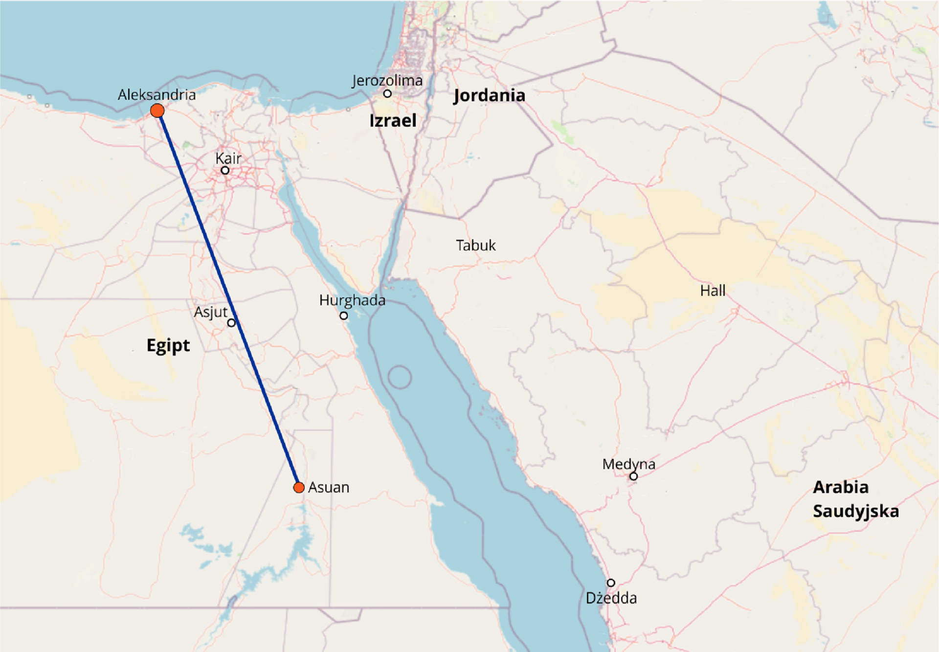 Fragment mapy z zaznaczonymi dwoma punktami i pociągniętą między nimi linią prostą. Wyraźnie zaznaczony Kair.