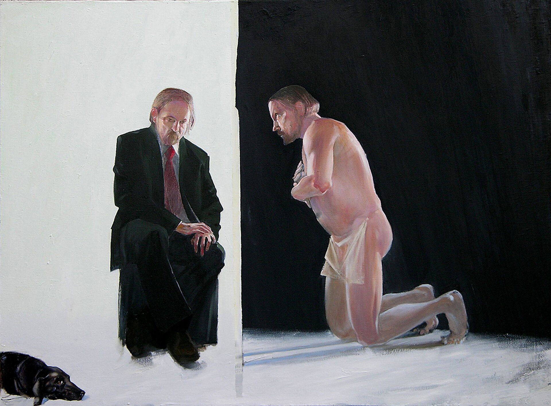 Ilustracja przedstawia obraz Marka Szarego „Autoportret podwójny z Hektorem”. Ukazuje dwa wizerunki artysty. Po lewej mężczyzna przedstawiony jest na białym tle. Siedzi na krześle z założonymi na kolanie rękoma. Ubrany jest w garnitur i czerwony krawat. Po lewej stronie leży czarny pies. Z prawej strony na czarnym tle klęczy nagi artysta, odziany tylko z przodu w przepaskę przewiązaną na biodrach. Ręce skrzyżowane na klatce piersiowej, a głowę lekko pochyloną. Scena przypomina akt spowiedzi.