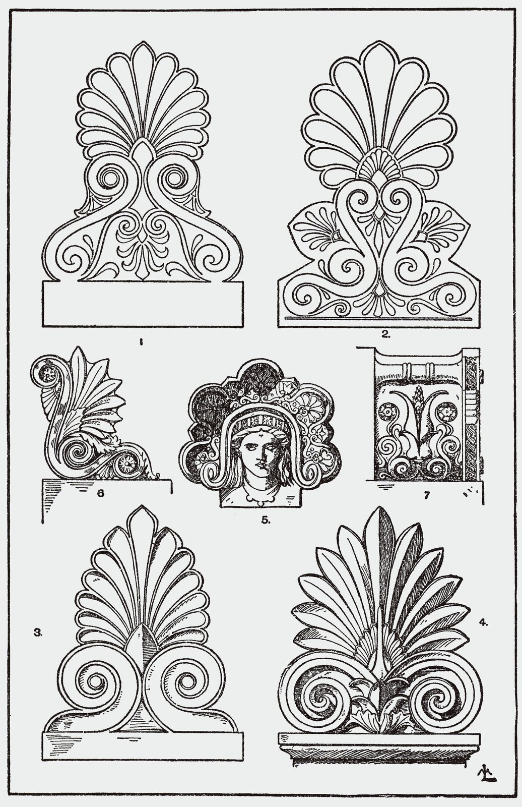 Ilustracja przedstawiająca ornament – palmeta. Element dekoracyjny naszkicowany jest czarnym kolorem bez wypełenień. Na ilustracji widocznych jest siedem elementów. Każdy element kształtem przypomina liście tropikalnej rośliny. Tylko jeden z nich (który jest po środku) to element wzbogacony o ludzką twarz.