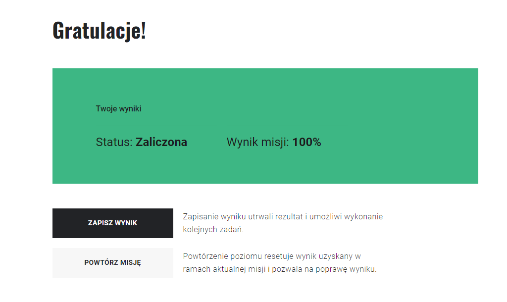 Przykładowe podsumowanie misji w grze