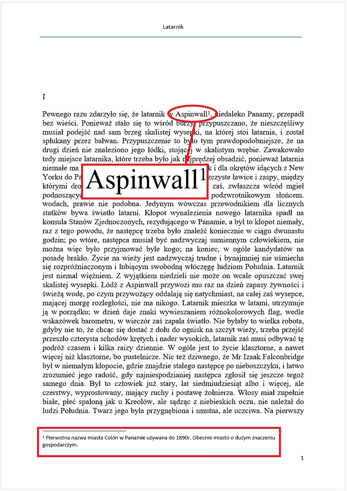 Zrzut ekranu prezentuje działanie przypisów dolnych z przybliżeniem na wyraz przy którym znajduje się indeks górny z liczbą jeden oraz przypisem na końcu strony.