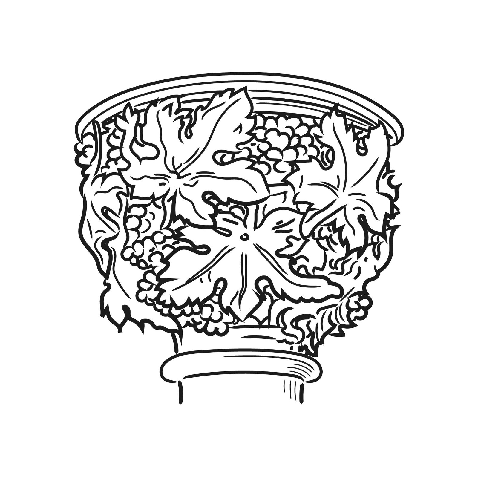 Ilustracja przedstawia głowicę liściastą z winoroślą, którego ornamenty na górnej części filaru przypominają kształtem liście winogron, pomiędzy którymi znalazły się grona.
