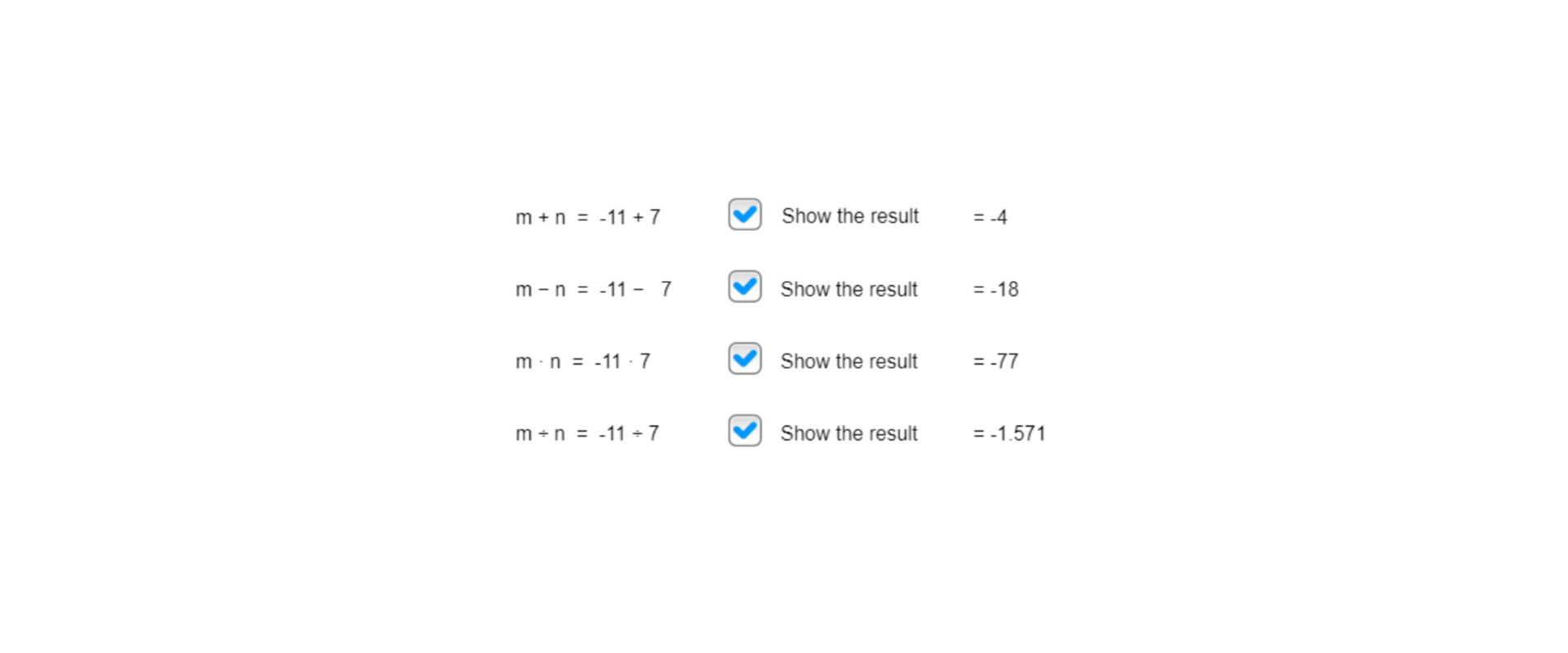Na rysunku znajdują się cztery działania. m dodać n równa się minus jedenaście dodać siedem, zaznaczone okienko 'Show the result', równa się minus cztery. m odjąć n równa się minus jedenaście minus siedem, zaznaczone okienko 'Show the result', równa się minus osiemnaście. m pomnożone przez n równa się minus jedenaście pomnożone przez siedem, zaznaczone okienko 'Show the result', równa się minus siedemdziesiąt siedem. m podzielone przez n równa się minus jedenaście podzielone przez siedem, zaznaczone okienko 'Show the result', równa się minus jeden i pięćset siedemdziesiąt jeden tysięcznych.
