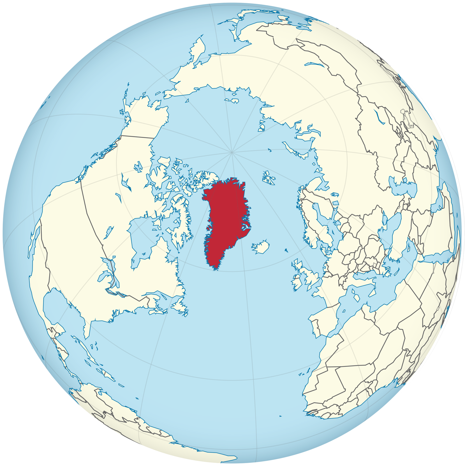 Ilustracja prezentuje kulę ziemską widzianą od strony bieguna północnego. Kolorem ciemnoczerwonym oznaczono wyspę Grenlandię znajdującą między Kanadą a Islandią.