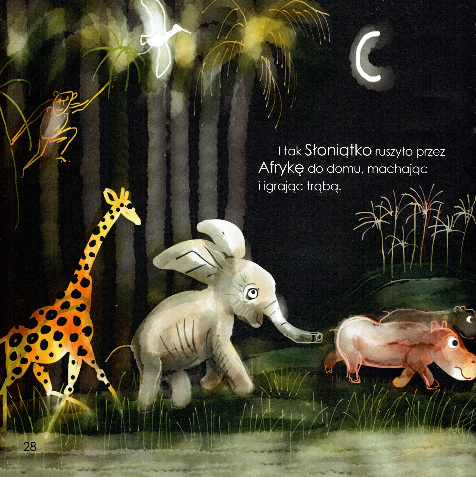 Ilustracja przedstawia pracę Józefa Wilkonia z książki Rudyarda Kiplinga "Słoniątko". Ukazuje biegnące przez las zwierzęta: żyrafę, słonia oraz dwa hipopotamy. Między drzewami przemieszcza się małpa, a przed nią leci ptak. Na horyzoncie znajduje się wzgórze z palmami. Czarne tło rozświetla róg księżyca. Na ilustracji widnieje napis: „I tak Słoniątko ruszyło przez Afrykę do domu, machając i i grając trąbą”.