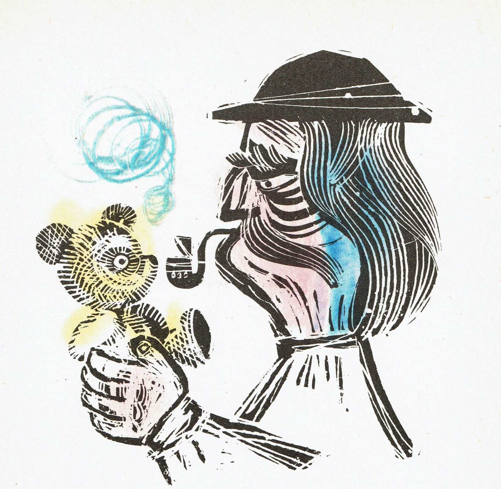 Ilustracja przedstawia pracę Adama Kiliana z książki Janiny Porazińskiej, „Pamiętnik Czarnego Noska”. Ukazuje starego górala w kapeluszu o długich włosach, bujnym wąsie i dymiącą fajką w ustach. Mężczyzna trzyma w dłoniach małego misia.