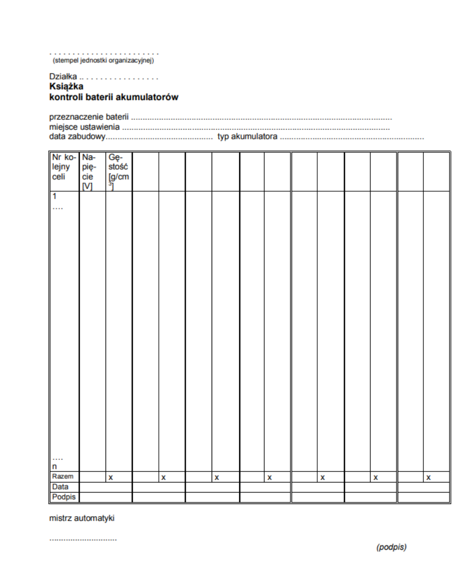 Książka kontroli baterii akumulatorów