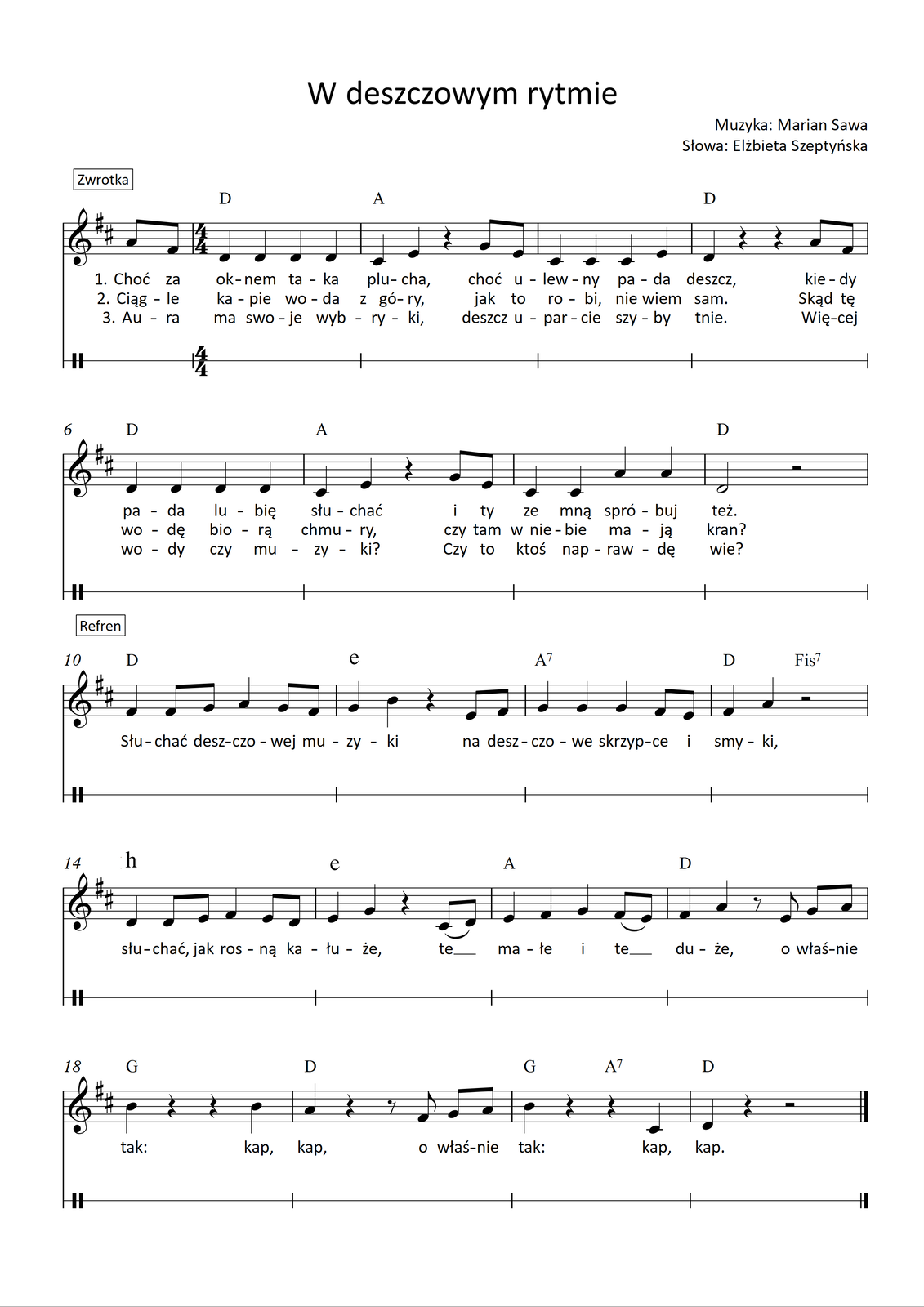 Partytura piosenki „W deszczowym rytmie” z pustą linią perkusyjną