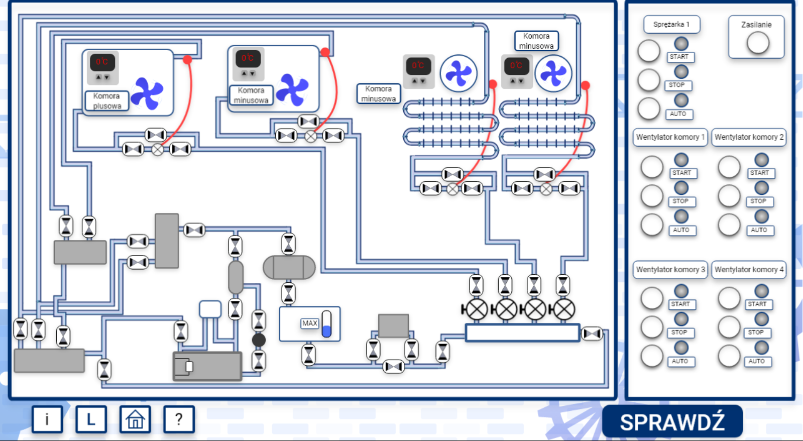 Grafika przedstawia przykładowy ekran instalacji symulatora. Widoczna jest na nim instalacja składająca się z rur i zaworów. Widać też wentylatory i inne urządzenia.