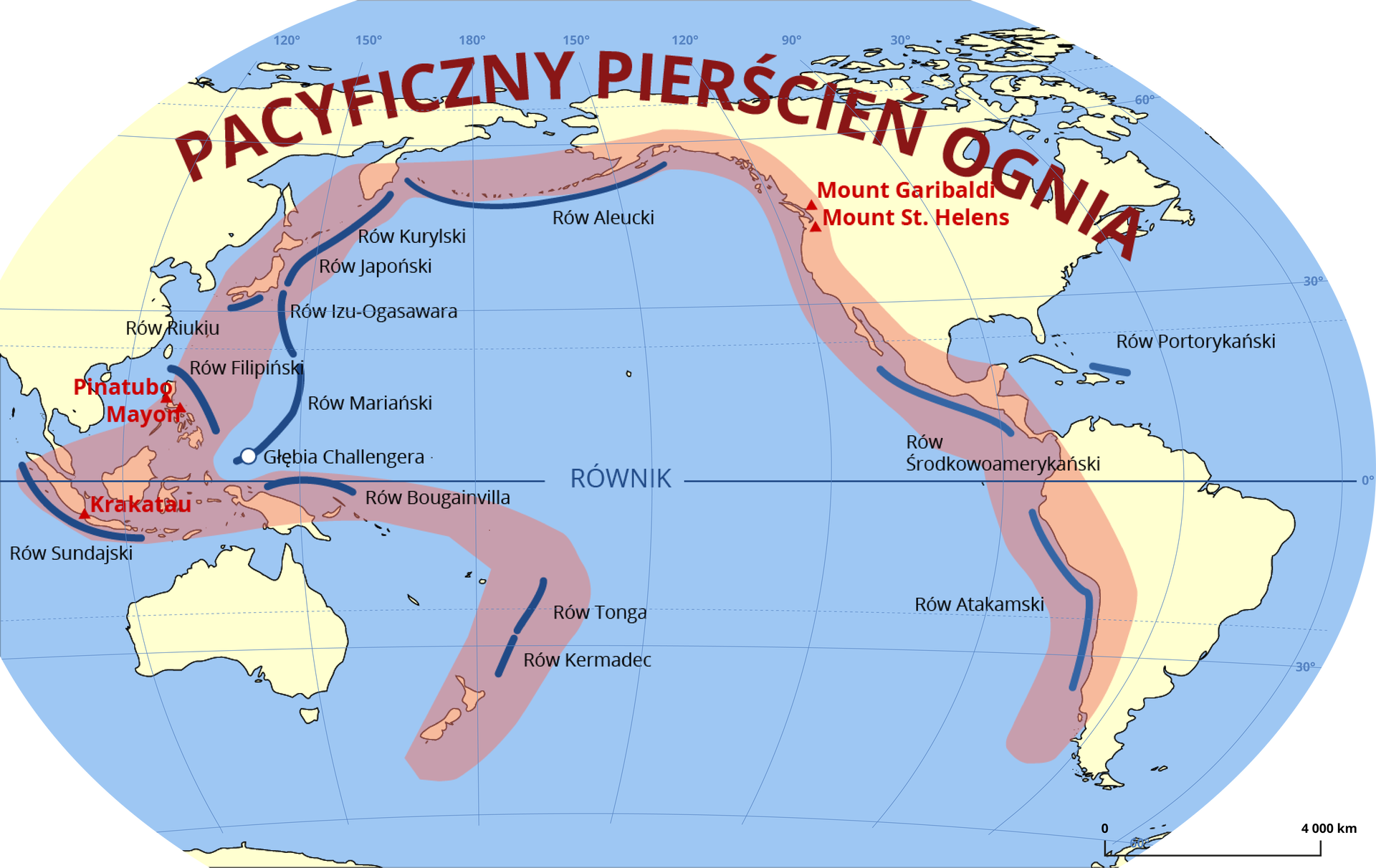 Na mapie świata zaznaczono Pacyficzny pierścień ognia - to strefa częstych trzęsień ziemi i erupcji wulkanicznych, złożona z rowów oceanicznych, łuków wyspowych i aktywnych wulkanów, która otacza niemal nieprzerwanie Ocean Spokojny. Należą do niego: Rów Kermadec, Rów Tonga, Rów Bougainvilla, Głębia Challengera, Rów Mariański, Rów Filipiński, Rów Izu‑Ogasawara, Rów Japoński, Rów Kurylski, Rów Aleucki, Rów Środkowoamerykański, Rów Atakamski. Na mapie zaznaczono następujące wulkany należące do Pacyficznego Pierścienia Ognia: Krakatau w Indonezji, Pinatubo, Mayon, Mount Garibaldi i Mount Saint Helens w Kanadzie.
