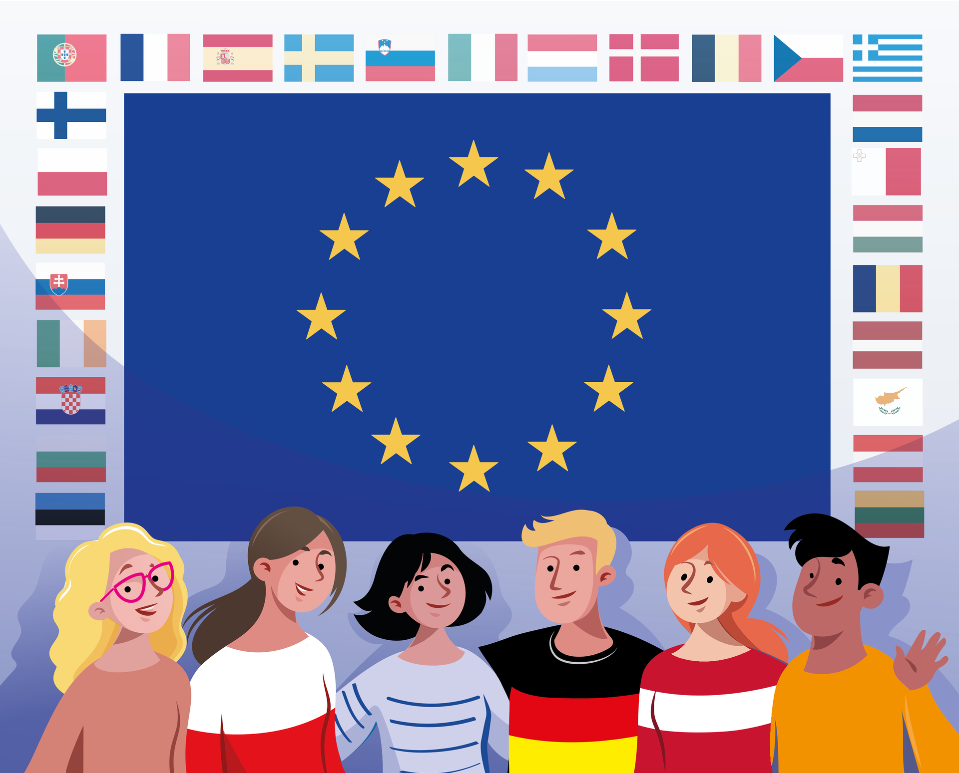 Ilustracja przedstawia sześcioro młodych ludzi, 4 dziewczyny i 2 chłopców stojących na tle flagi Unii Europejskiej otoczonej flagami państw europejskich.