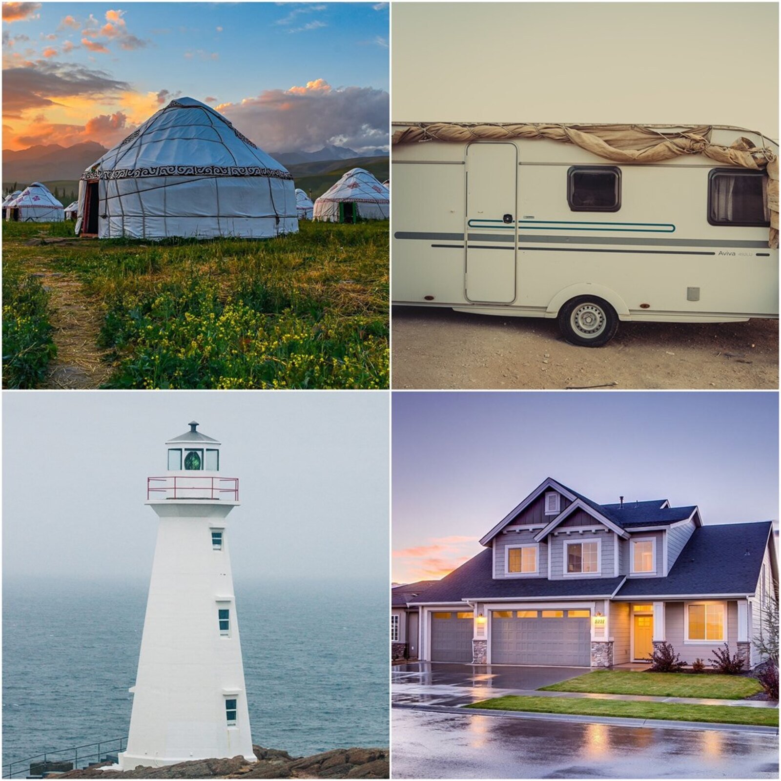Grafika składa się z 4 zdjęć ułożony w kwadracie. Lewe górne zdjęcie to wysoki na około 2,5 metra, duży namiot. Prawe górne zdjęcie to przyczepa kempingowa. Lewe dolne zdjęcie przedstawia białą latarnię morką. Prawe dolne zdjęcie ukazuje szary dom jednorodzinny z użytkowym poddaszem.