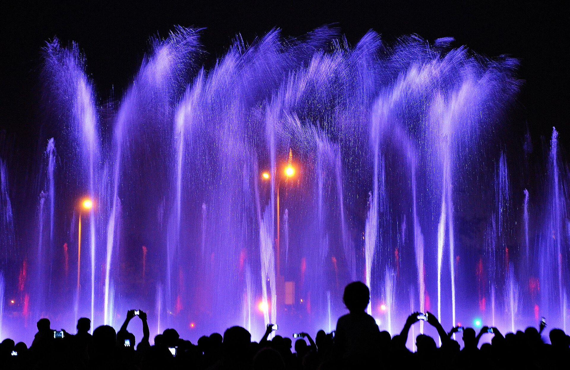 Zdjęcie przedstawia nocny świetlny pokaz fontann. Na pierwszym planie widać ciemne sylwetki tłumu oglądającego pokaz. Tryskające do góry strumienie wody podświetlone są fioletowym, różowym i białym światłem. 