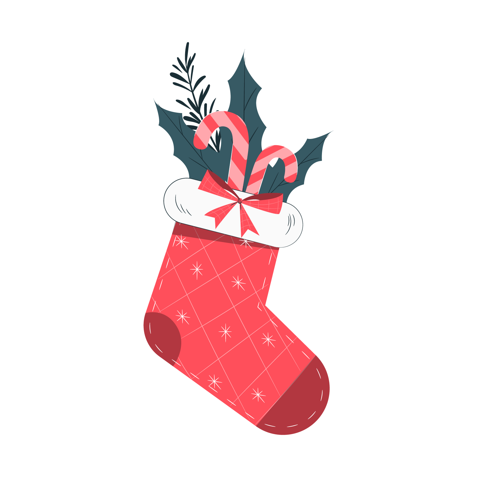 Na ilustracji świąteczna skarpeta w kolorze czerwonym. Wystają z niej dwa lizaki i zielone gałązki. 
