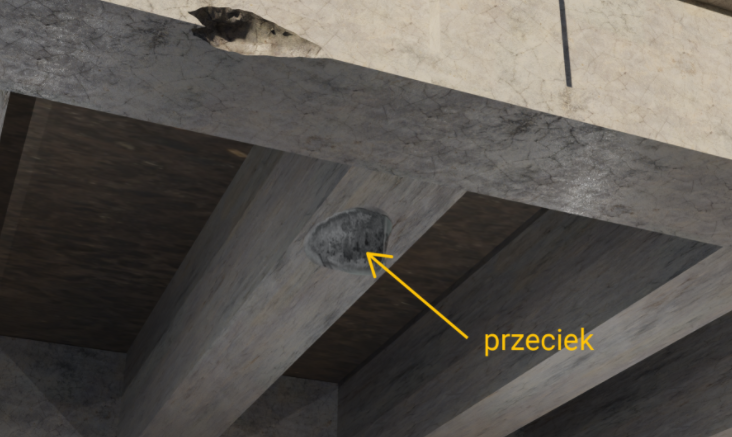 Ilustracja przedstawia przeciek. Na grafice widoczny jest spód mostu. Konstrukcja mostu składa się z podłużnych belek połączonych krótszymi belkami poprzecznymi. Na jednej z poprzecznych belek jest zniekształcony ubytek. Żółta strzałka wskazuje na ten ubytek, a obok widoczny jest żółty napis "przeciek".
