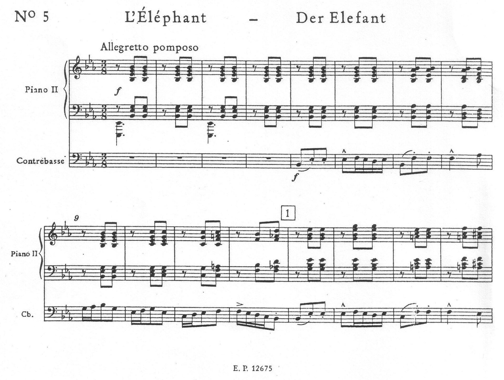 Na ilustracji interaktywnej zapis nutowy początku utworu Słoń Camille Saint- Saënsa. Zapis składa się z 6 pięciolinii połączonych po trzy. Dwie pięciolinie przeznaczone są dla pianisty trzecia dla kontrabasisty. Partia fortepianu składa się z rytmicznego akordowego akompaniamentu w metrum trzy ósme. Na raz niski dźwięk lub pauza na dwa i trzy sześciodźwiękowe akordy. Partia kontrabasu zawiera wiele oznaczeń artykulacyjnych staccato.