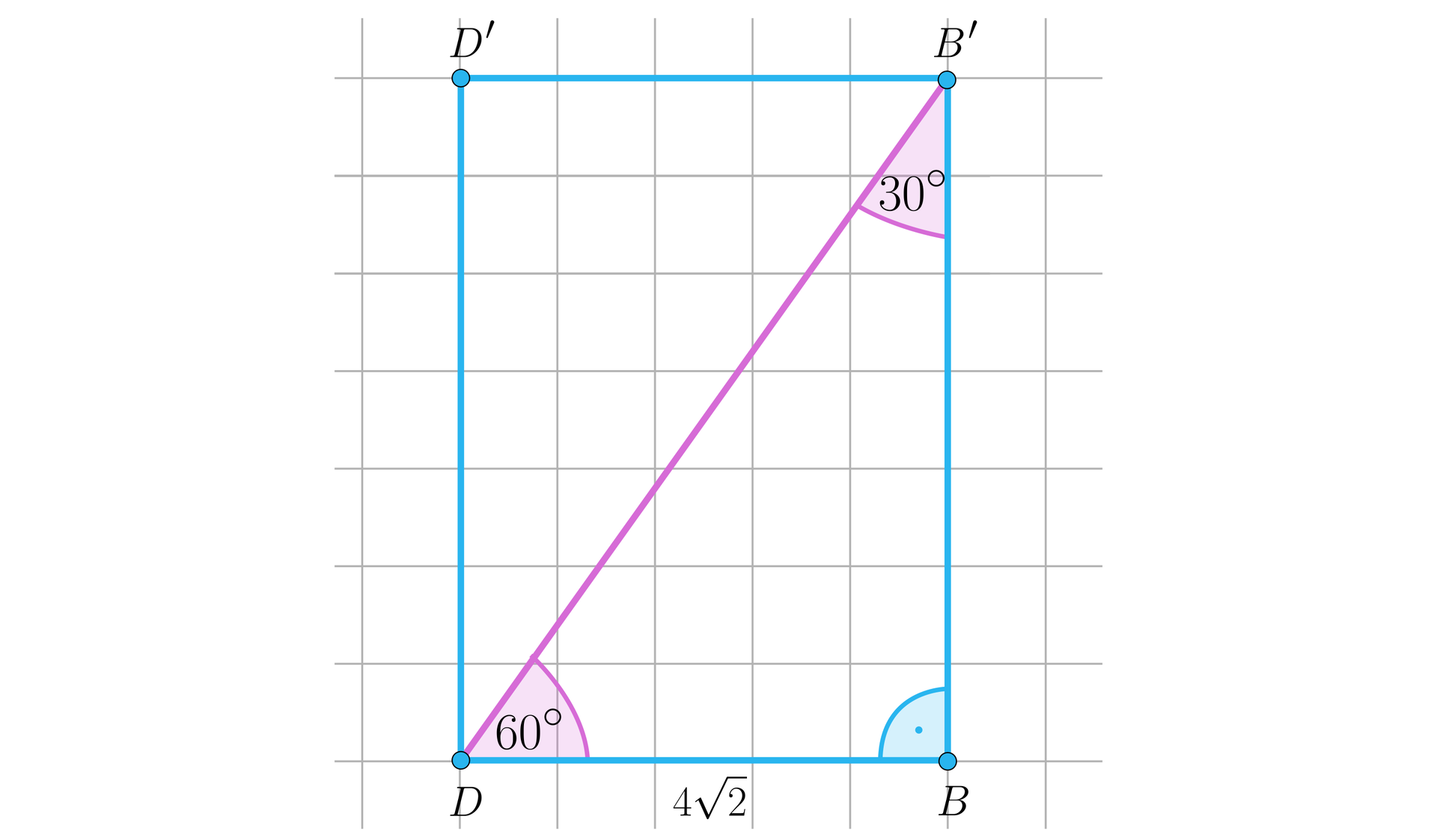 Ilustracja przedstawia pole w kratkę. Na płaszczyźnie narysowano prostokąt D D prim B prim B. Długość krótszego boku wynosi 42. Zaznaczono przekątną łączącą wierzchołki D i B prim, która jest nachylona do boku krótszego pod kątem 60 stopni oraz do boku krótszego pod kątem trzydziestu stopni. 