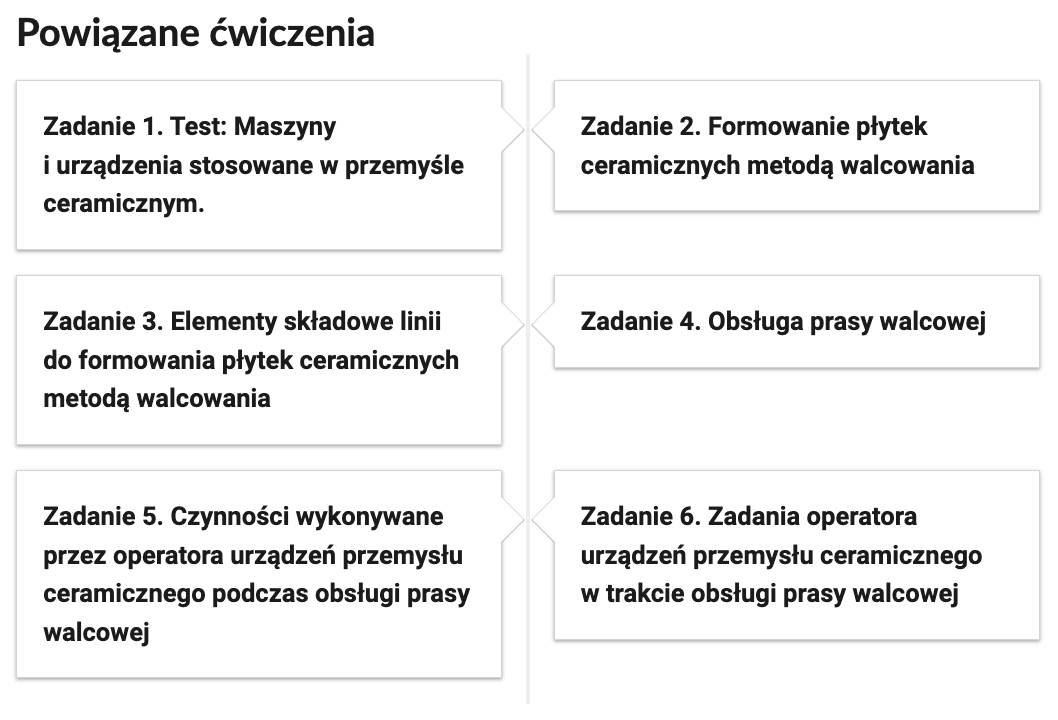 Zrzut ekranu przedstawiający nawigację po lekcji. Na ilustracji jest napis Powiązane ćwiczenia. Zadanie jeden. Test: maszyny i urządzenia stosowane w przemyśle ceramicznym. Zadanie dwa. Formowanie płytek ceramicznych metodą walcowania. Zadanie trzy. Elementy składowe linii do formowania płytek ceramicznych metodą walcowania. Zadanie cztery. Obsługa pracy walcowej. Zadanie pięć. Czynności wykonywany przez operatora urządzeń przemysłu ceramicznego podczas obsługi prasy walcowej. Zadanie sześć. Zadanie operatora urządzeń przemysłu ceramicznego w trakcie obsługi pracy walcowej.