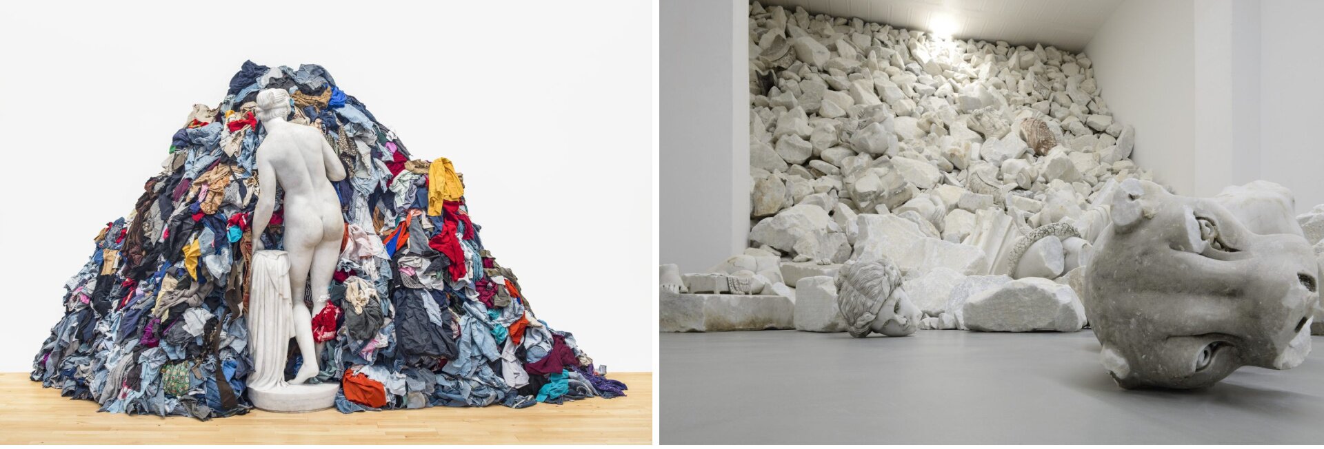 Ilustracja przedstawia dwa zdjęcia, pierwsze zdjęcie przedstawia posąg kobiety o krótkich, spiętych włosach, który odwrócony jest tyłem do widza. Kobieta jest naga, a w lewej ręce trzyma szatę. Kobieta stoi na lekko ugiętych nogach, a jej ciało pochylone jest delikatnie w lewą stronę. Kobieta wchodzi w stertę rozrzuconych ubrań. Są one w wielu kolorach. Dzieło ustawione jest w pomieszczeniu o białych ścianach i jasnej, drewnianej podłodze. Drugie zdjęcie przedstawia jasne pomieszczenie o białych ścianach oraz podłodze. W ścianie znajduje się wgłębienie, które wypełnione jest białymi fragmentami posągów. Sterta rozsypuje się delikatnie na pomieszczenie. Na pierwszym planie ułożona jest obtłuczona głowa byka. Za nią leży rzeźba głowy kobiety o spiętych włosach.