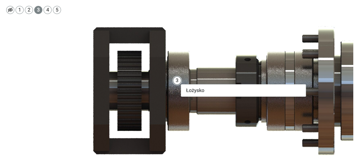 Przykładowy widok planszy interaktywnej po rozwinięciu numerowanego pola. Na ekranie wyświetlone jest zdjęcie podłużnego, brązowego przyrządu. Na jednej z jego części znajduje się znacznik numer trzy, poniżej, na rozwiniętym panelu, wyświetlona jest nazwa części, na której znacznik się znajduje.