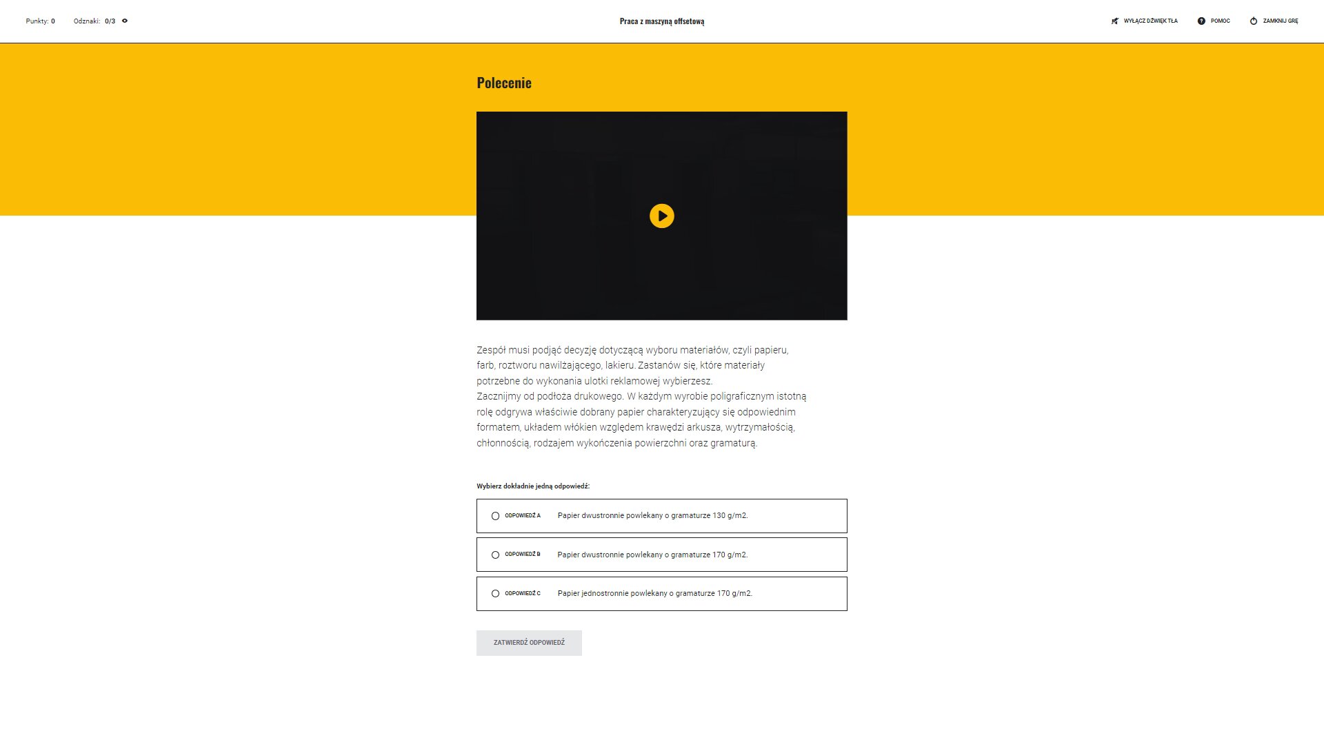 Grafika przedstawia panel gry z pytaniem sprawdzającym, opcjami odpowiedzi do wyboru oraz przyciskiem sprawdzenia odpowiedzi.