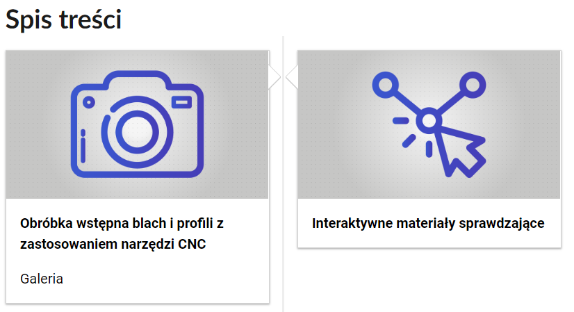 Grafika przedstawia dwa kafelki ze spisu treści. Są umiejscowione obok siebie. Mają prostokątny kształt. Górna część kafelka to grafika w szarym kolorze z niebieskim symbolem danego multimedium. Dolna część to tytuł i nazwa multimedium. Kafelek z lewej przedstawia aparat w widoku od przodu. Podpis multimedium brzmi: Obróbka wstępna blach i profili z zastosowaniem narzędzi CNC, galeria zdjęć. Kafelek z prawej przedstawia strzałkę wskazującą na punkt. Punkt połączony jest kreskami z dwoma innymi punktami. Podpis brzmi: interaktywne materiały sprawdzające.